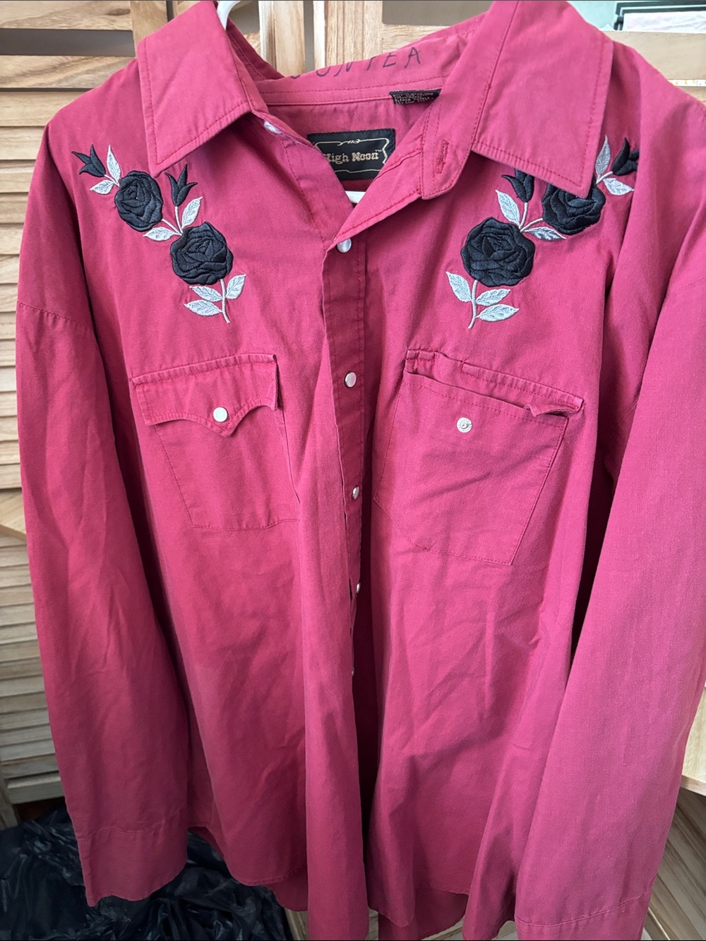 High Noon Men’s Rose Embroidered Western Shirt - Burgundy XL